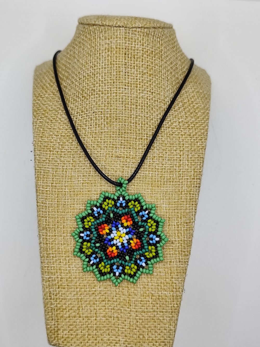 Green Beaded Floral Mandala Necklace - Artisan Beadwork